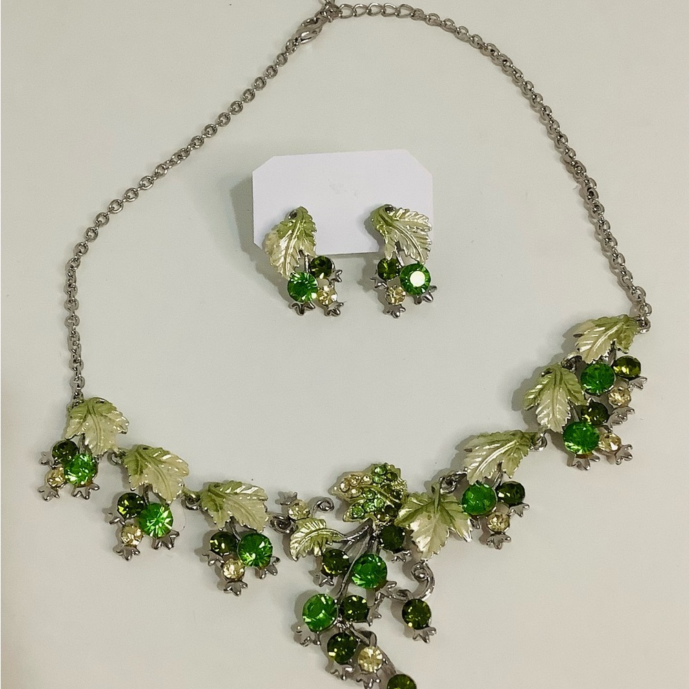 Green Leaf Crystal Necklace and Earring Set
